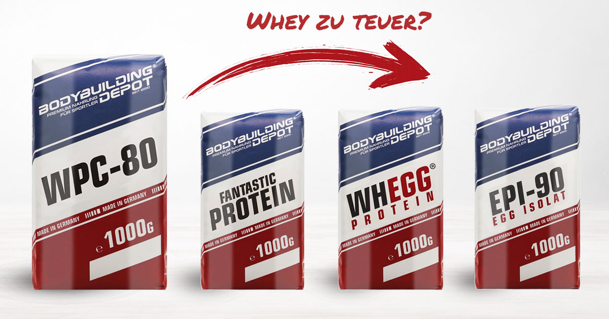 Verschiedene günstigere Alternativen zu Whey Protein nebeneinander als Symbolbild