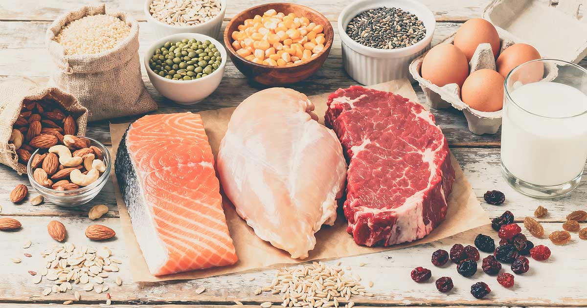 Proteinreiche Lebensmittel wie Eier, Lachs, Hähnchen, Milch, Hülsenfrüchte, Nüsse und Getreide als Beispiele für Proteinquellen mit unterschiedlicher biologischer Wertigkeit.